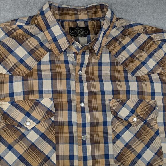 High Noon Mens XL Brown Plaid Pearl Snap Short Sleeves Pockets Rodeo Western - Picture 5 of 12
